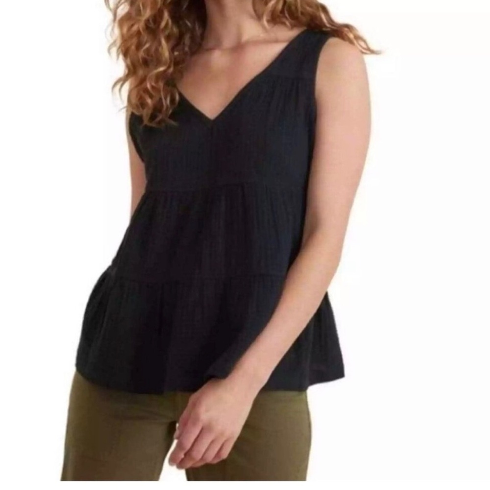 Marine Layer Corinne Black Sleeveless Tiered V-Neck Tank Top 100% Cotton Medium